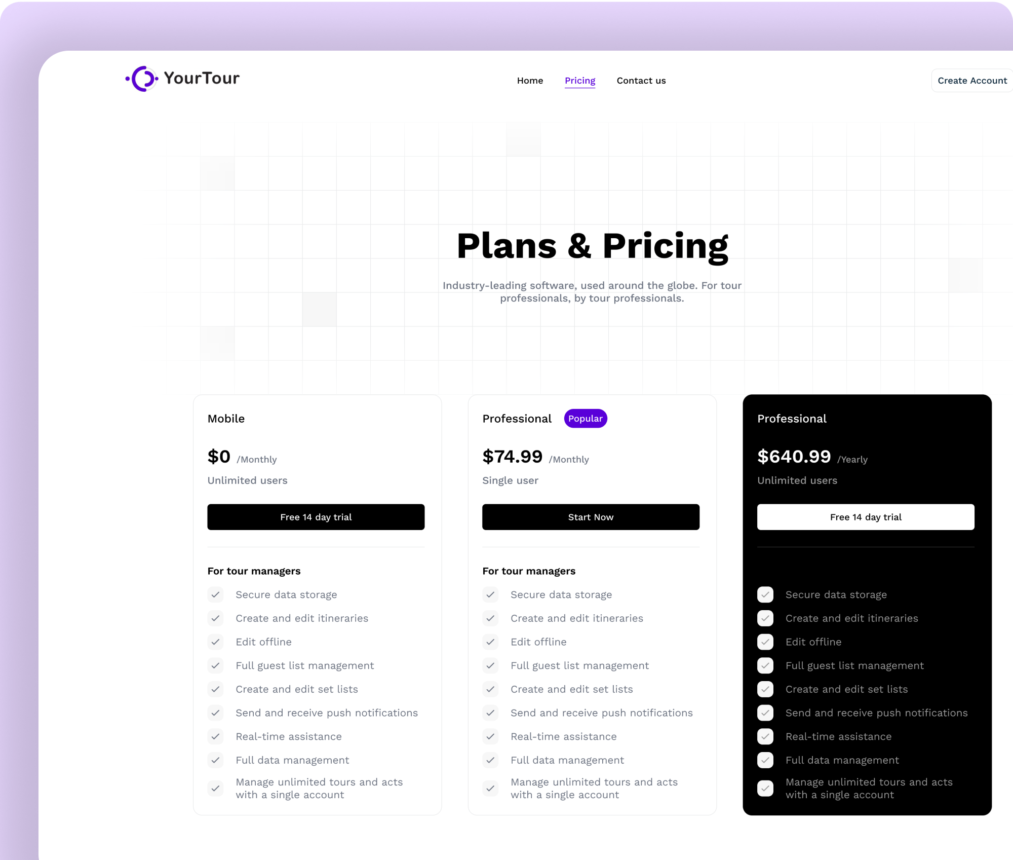 Your Tour pricing page